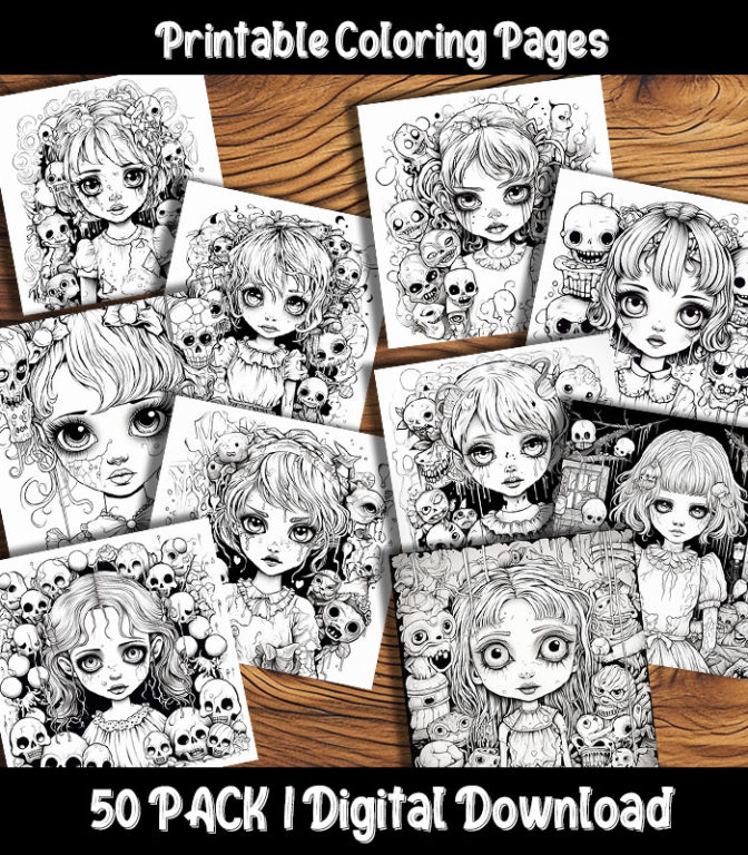 Creepy Girl Coloring Pages Printable 50 Pack | Happy Colorist