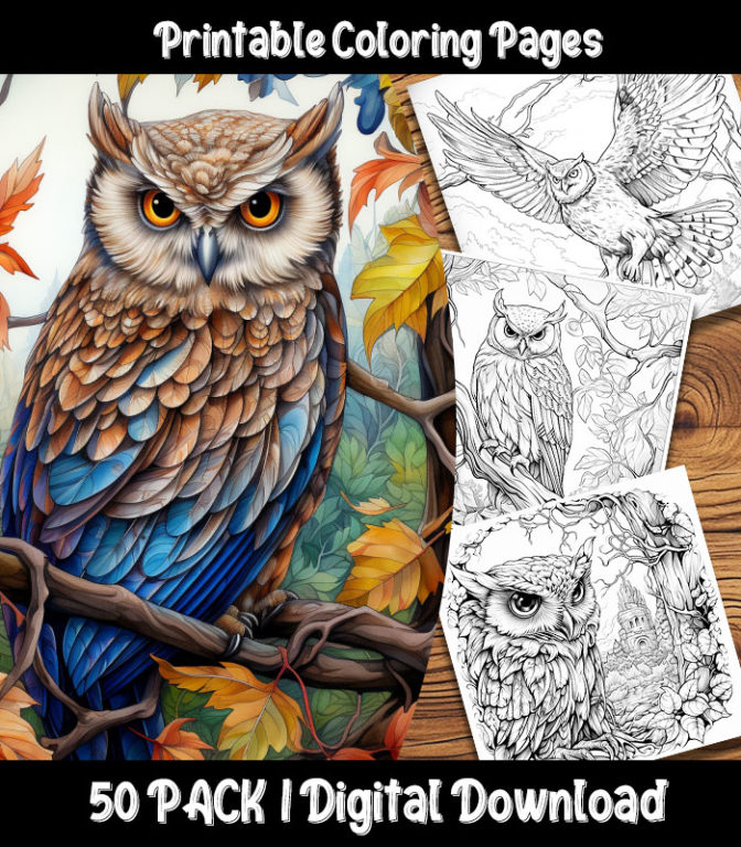 Owl Coloring Pages Digital 50 Pack | Happy Colorist