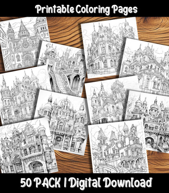 Architecture Coloring Pages 50 Digital Pack | Happy Colorist
