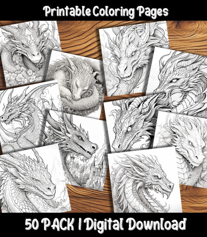 Dragon Coloring Pages Digital 50 Pack | Happy Colorist