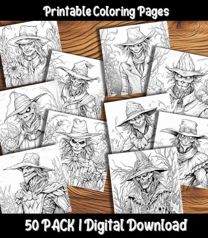 Creepy Scarecrow Coloring Pages Digital 50 Pack