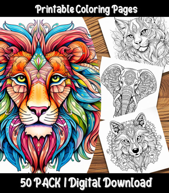 Artistic Animal Coloring Pages Digital 50 Pack | Happy Colorist