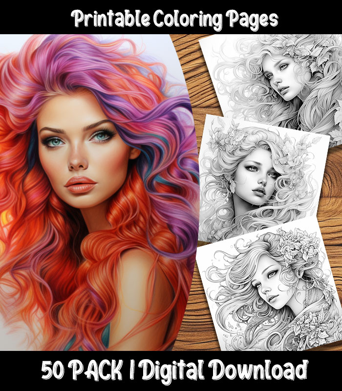 Beautiful Woman Coloring Pages Digital 50 Pack | Happy Colorist