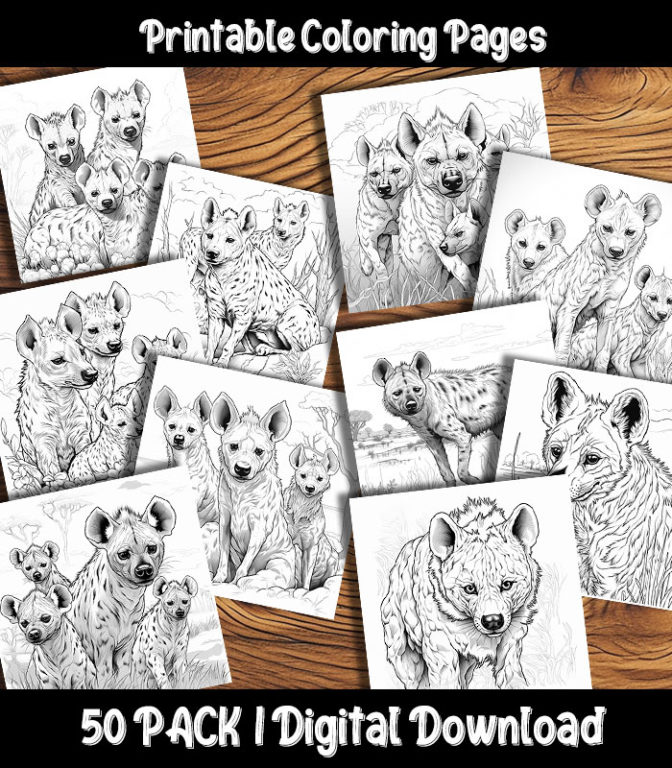 Hyena Coloring Pages Digital 50 Pack | Happy Colorist