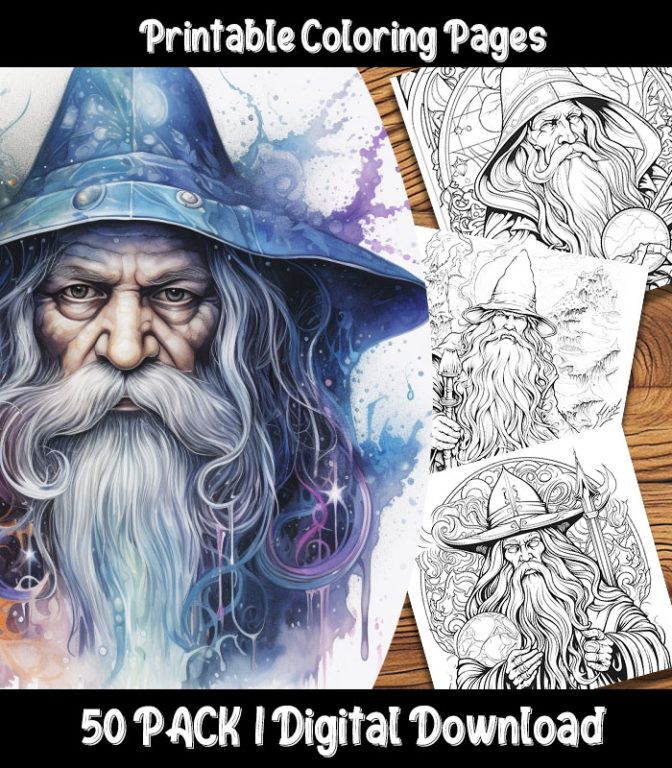 Wizard Coloring Pages Digital 50 Pack | Happy Colorist