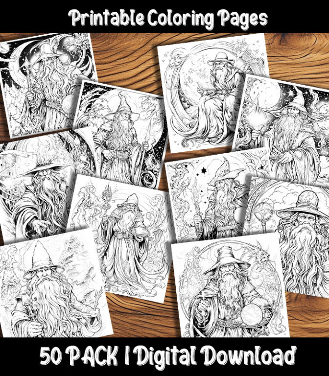 Wizard Coloring Pages Digital 50 Pack | Happy Colorist