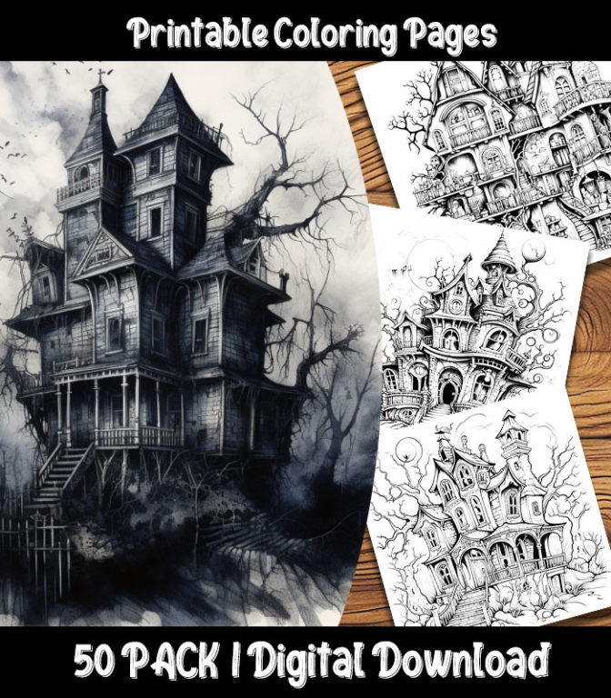 Haunted House Coloring Pages Digital 50 Pack | Happy Colorist