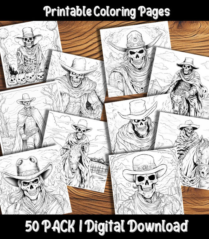 Ghost Cowboy Coloring Pages Digital 50 Pack | Happy Colorist