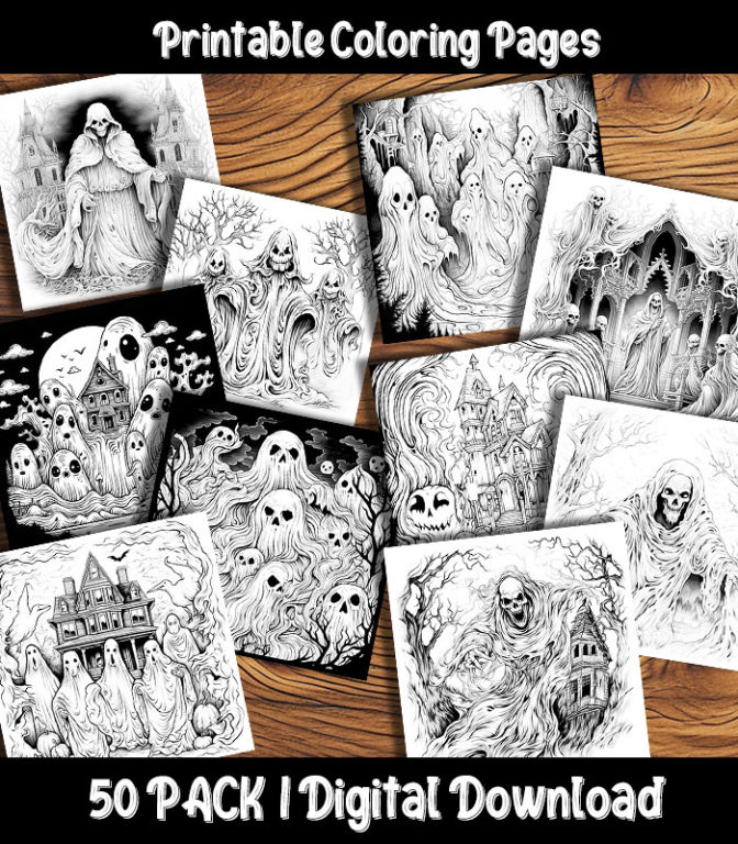 Ghost Coloring Pages Digital 50 Pack | Happy Colorist