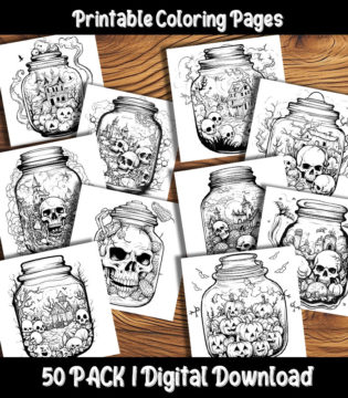 Halloween Jar Coloring Pages Digital 50 Pack | Happy Colorist