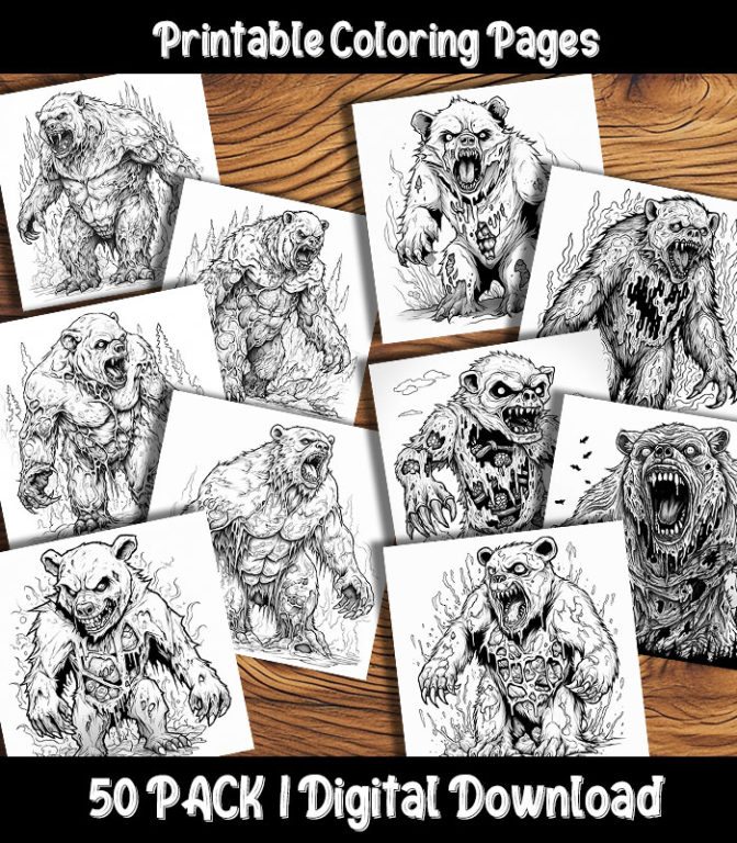 Zombie Bear Coloring Pages Digital 50 Pack | Happy Colorist