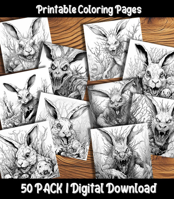 Zombie Bunny Coloring Pages Digital 50 Pack | Happy Colorist