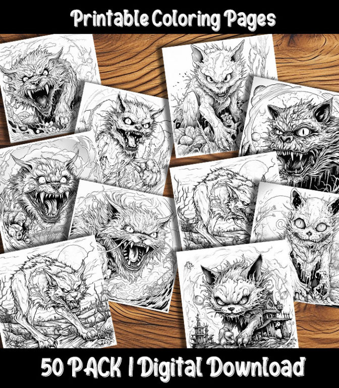 Zombie Cat Coloring Pages Digital 50 Pack