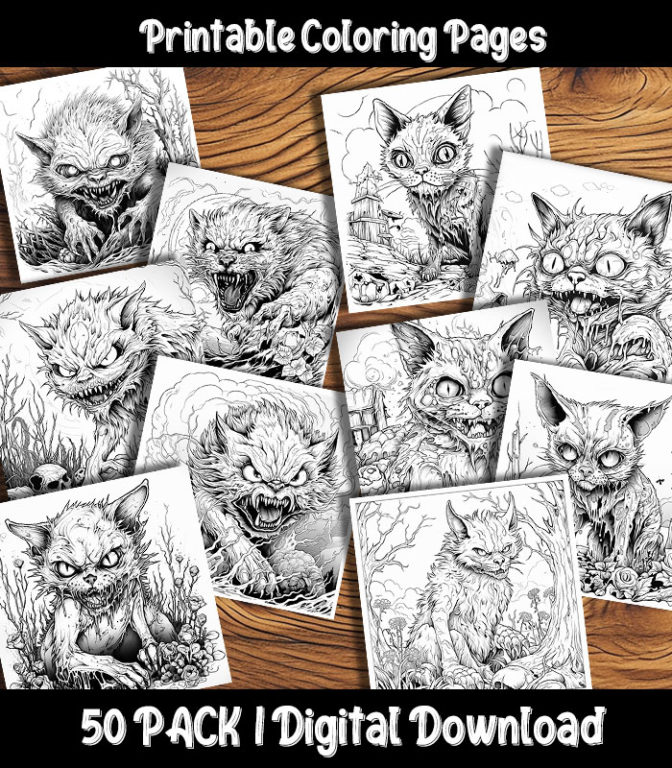 Zombie Cat Coloring Pages Digital 50 Pack