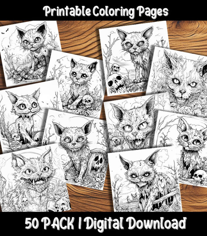 Zombie Cat Coloring Pages Digital 50 Pack