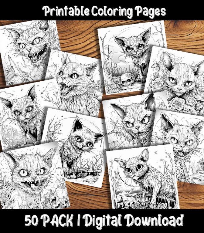 Zombie Cat Coloring Pages Digital 50 Pack