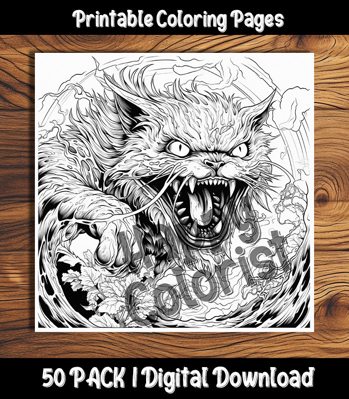 Zombie Cat Coloring Pages Digital 50 Pack