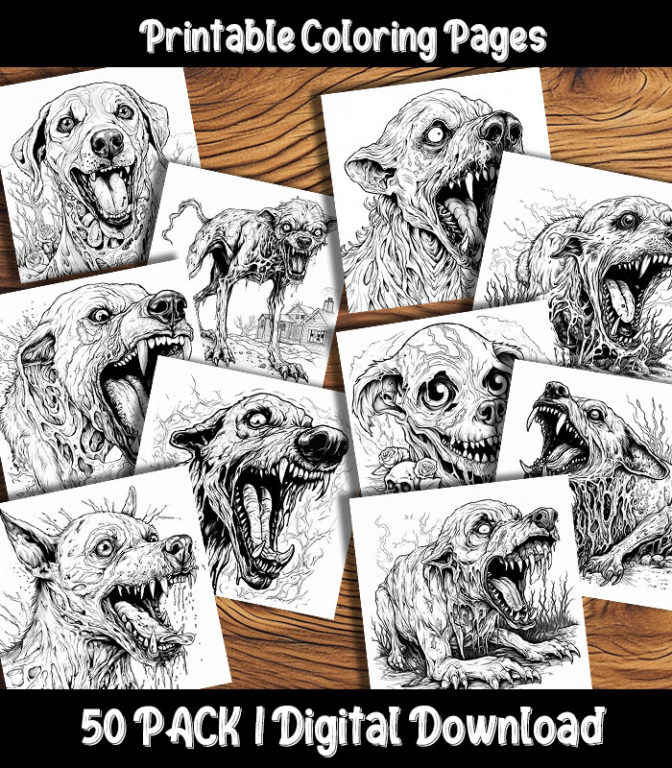 Zombie Dog Coloring Pages Digital 50 Pack