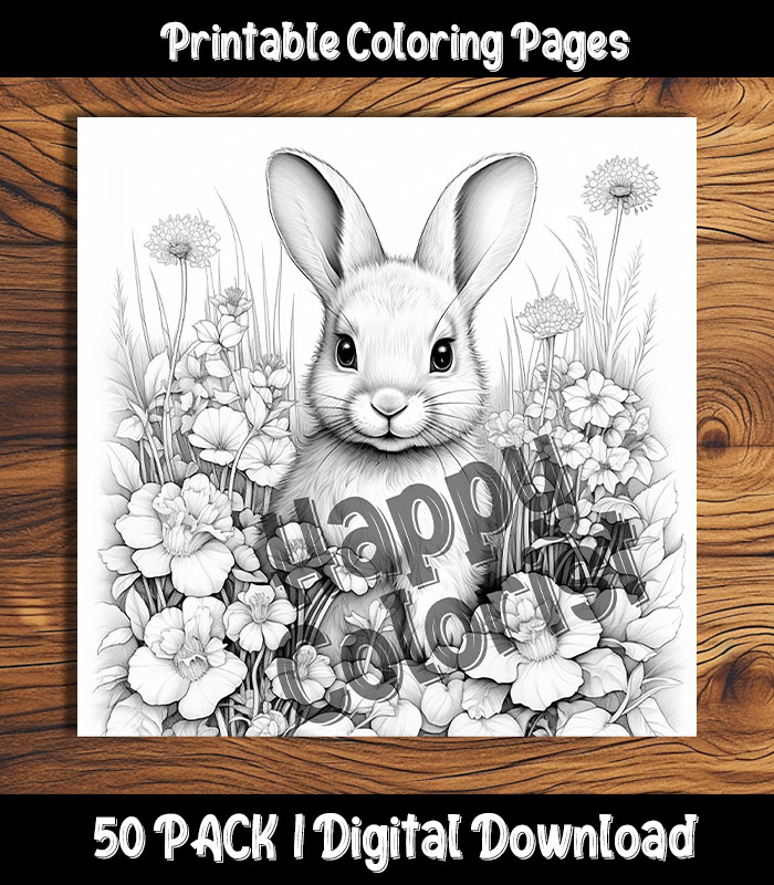 Bunny Coloring Pages Digital 50 Pack | Happy Colorist